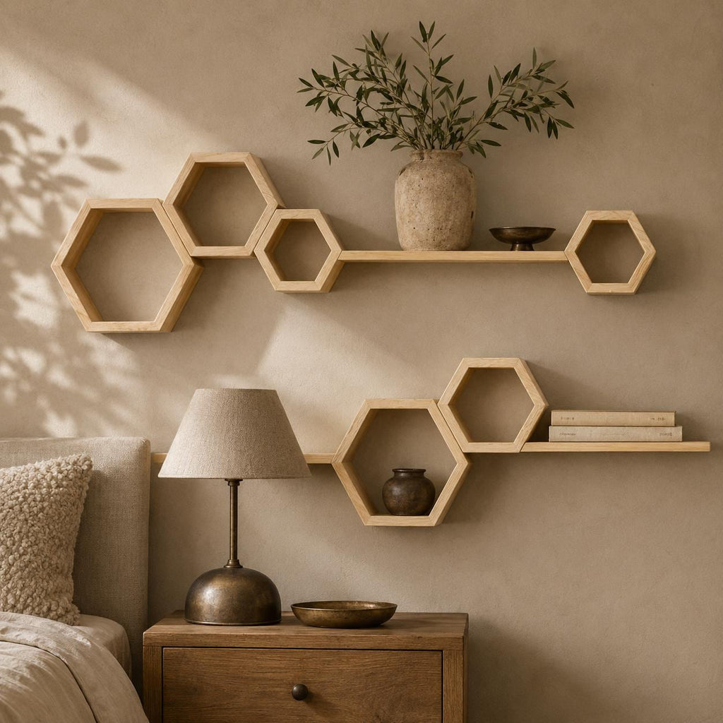 Wall Shelf Set, Natural Pine Wood Hexagon Honeycomb Plant