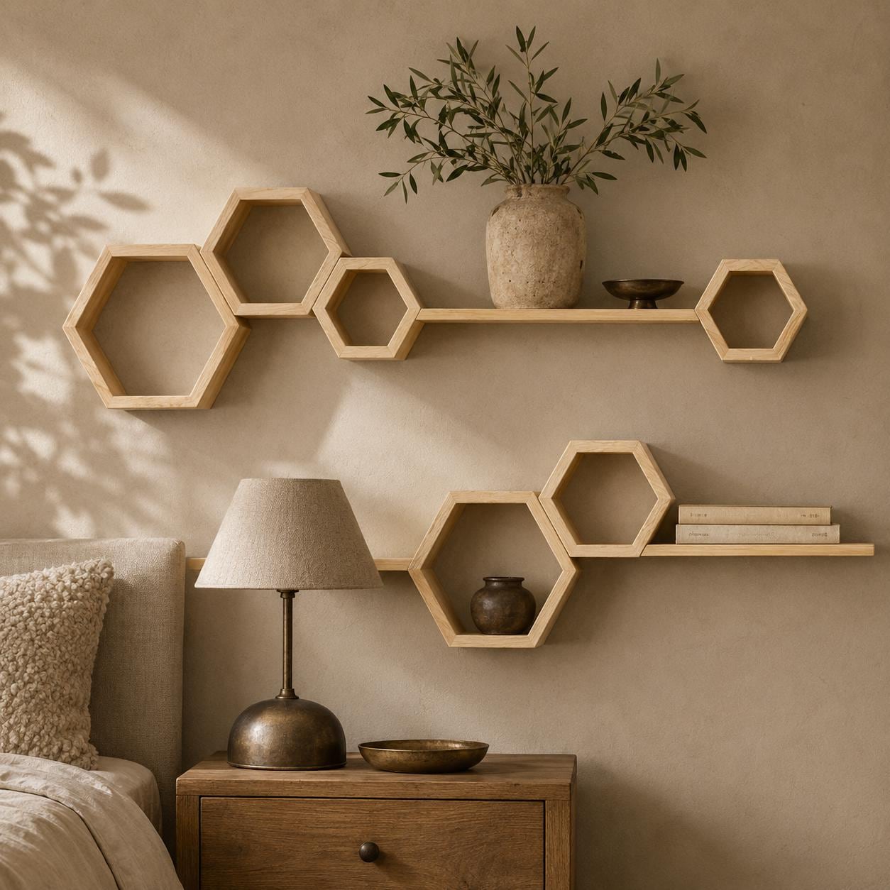 Wall Shelf Set, Natural Pine Wood Hexagon Honeycomb Plant