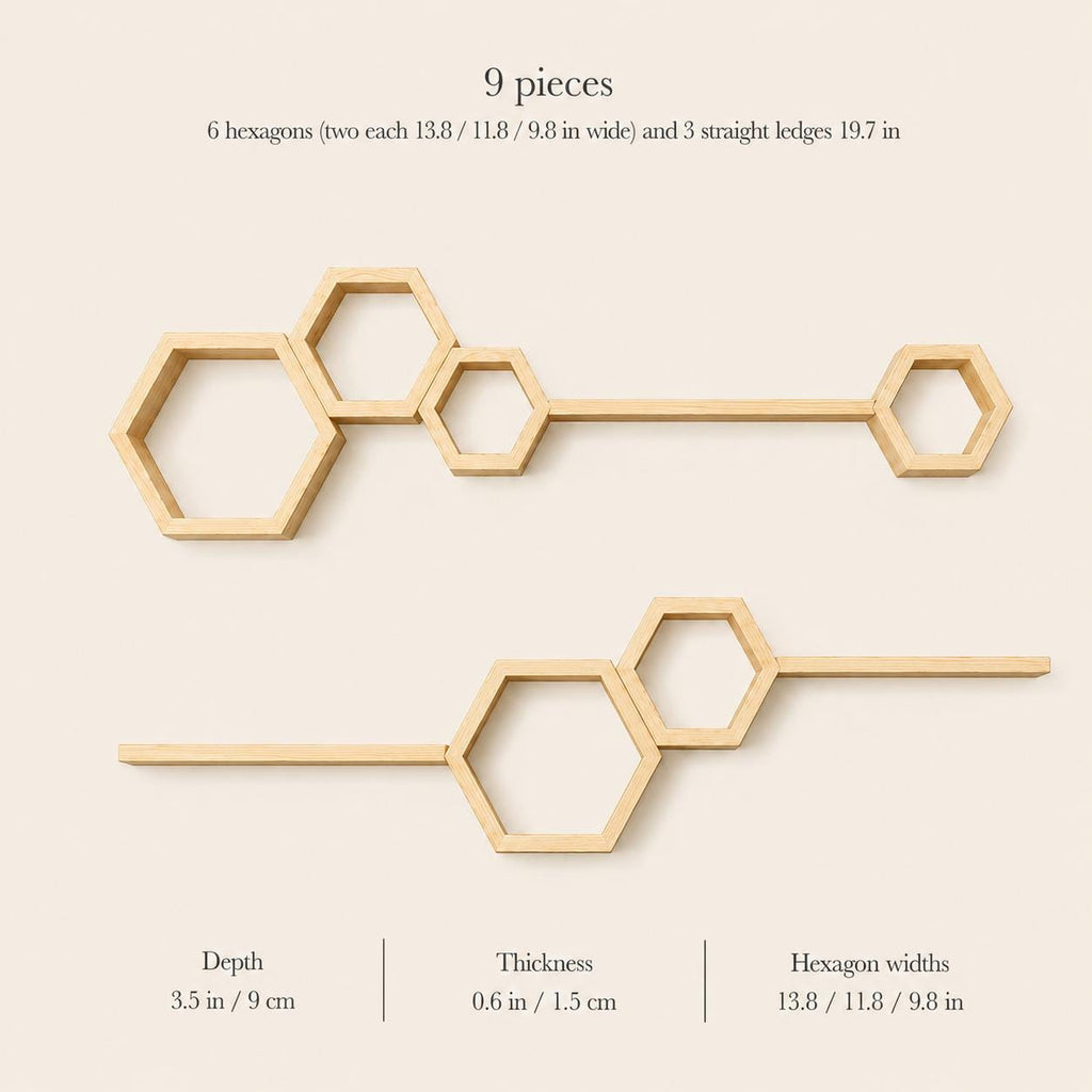 Wall Shelf Set, Natural Pine Wood Hexagon Honeycomb Plant