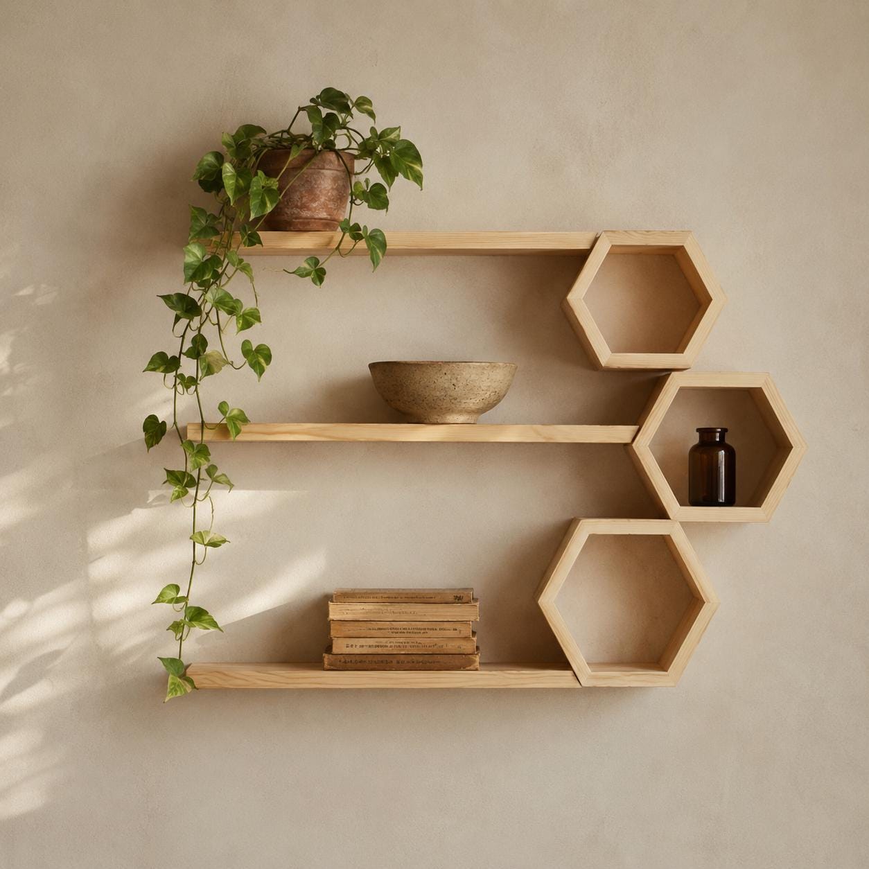 Hexagon Wall Shelf, Natural Pine Wood Honeycomb Plant