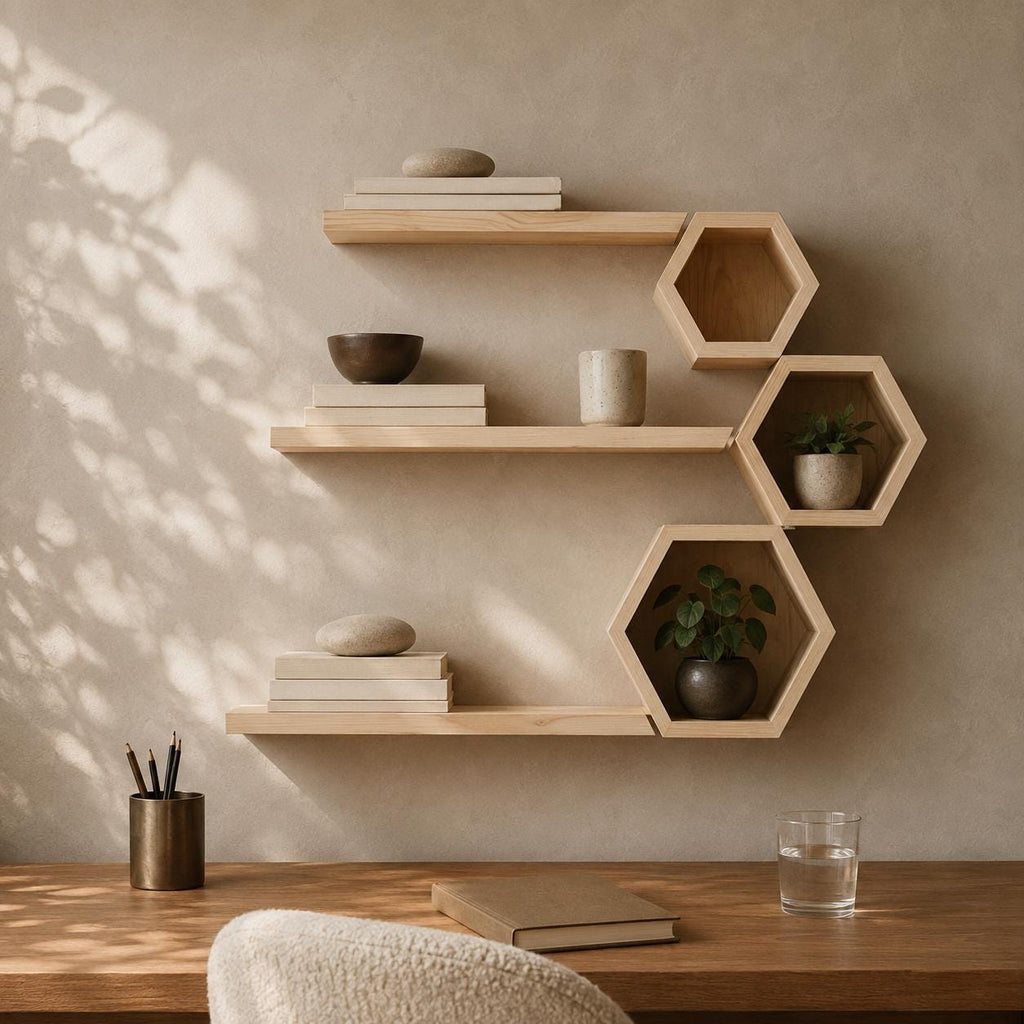 Hexagon Wall Shelf, Natural Pine Wood Honeycomb Plant