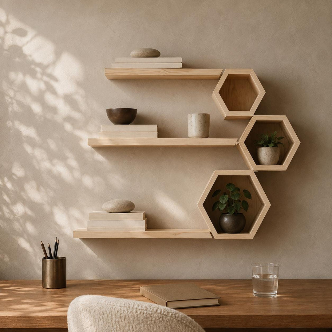Six-piece hexagon shelf set above a desk with books, a plant and a bowl