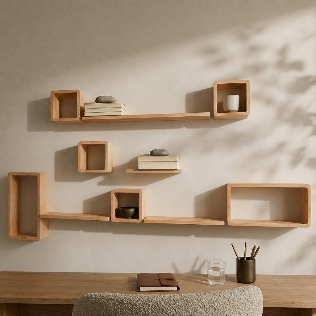 Zigzag Wall Shelf, Natural Pine Wood Cube Staggered Plant