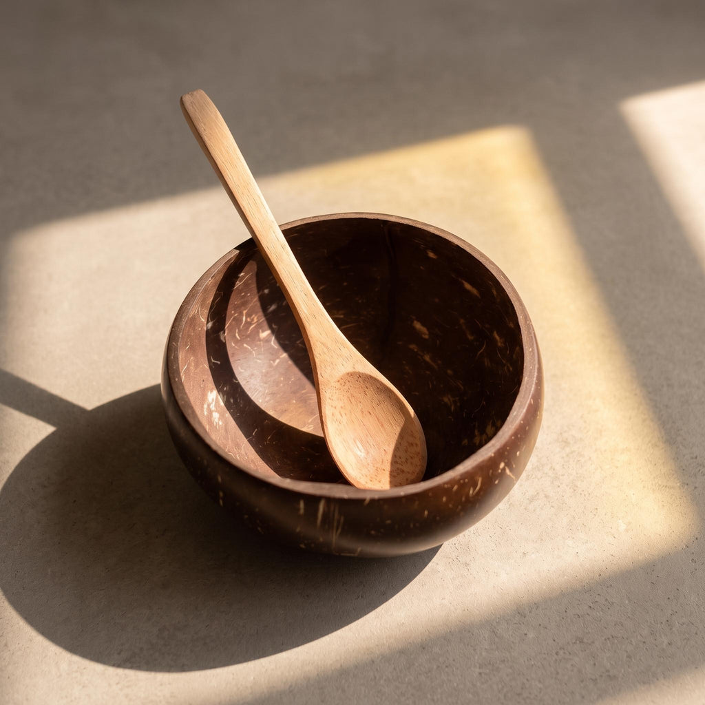 Coconut Shell Bowls with Wooden Spoons for Poke Ramen Rice