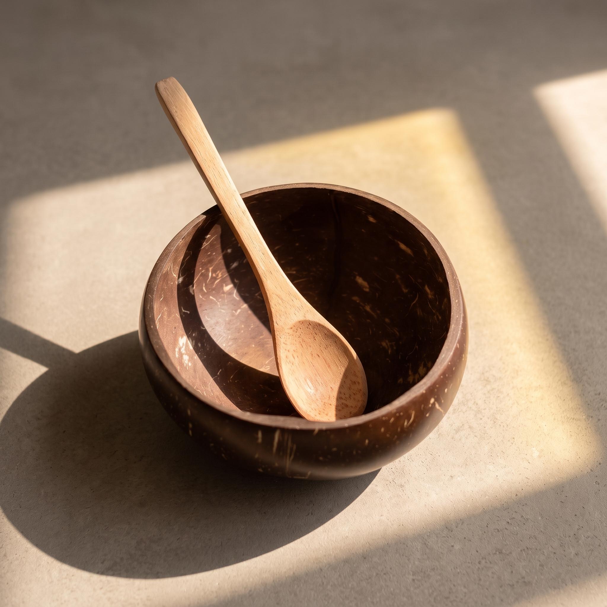 Coconut Shell Bowls with Wooden Spoons for Poke Ramen Rice