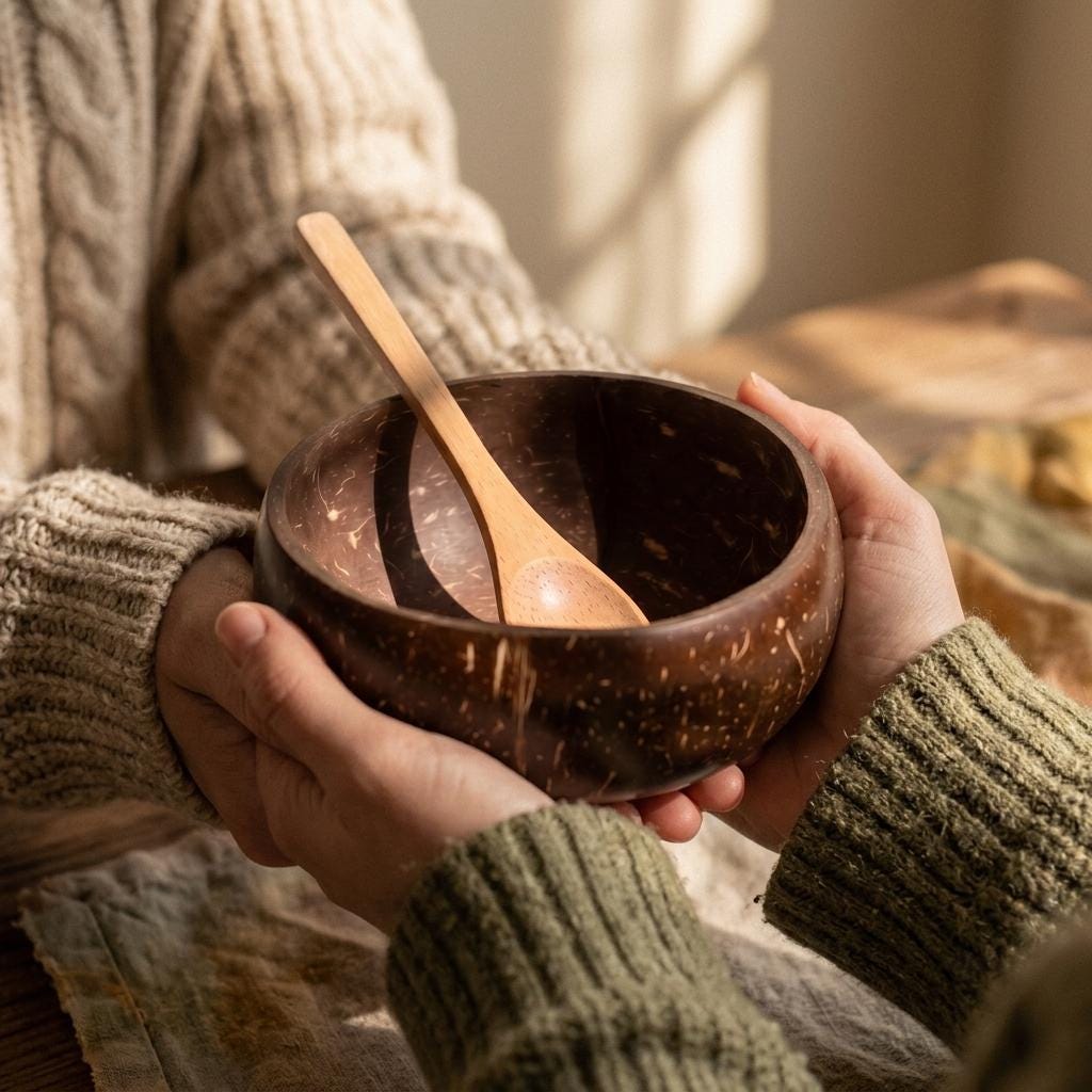 Coconut Shell Bowls with Wooden Spoons for Poke Ramen Rice