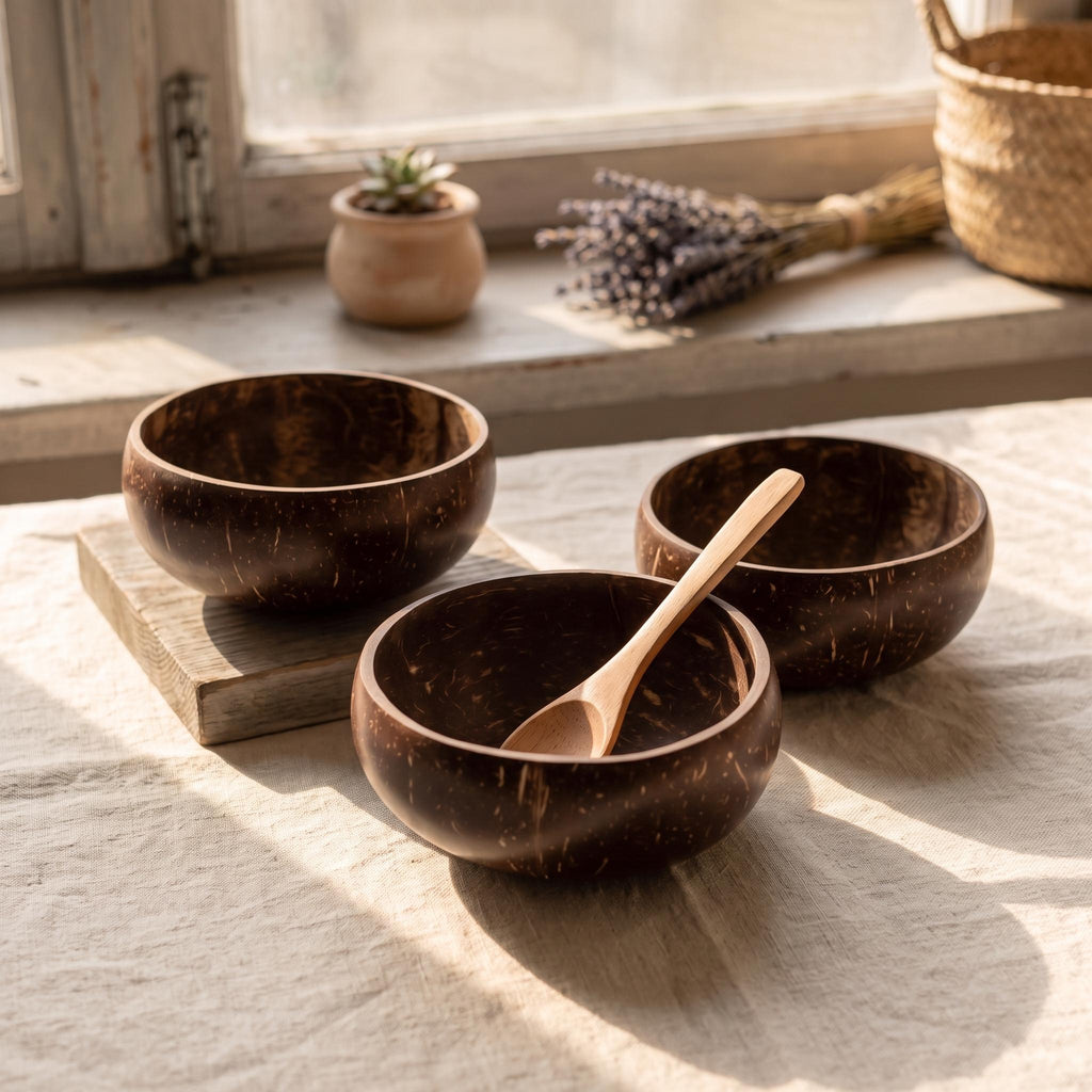 Coconut Shell Bowls with Wooden Spoons for Poke Ramen Rice