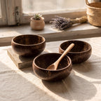 Coconut Shell Bowls with Wooden Spoons for Poke Ramen Rice