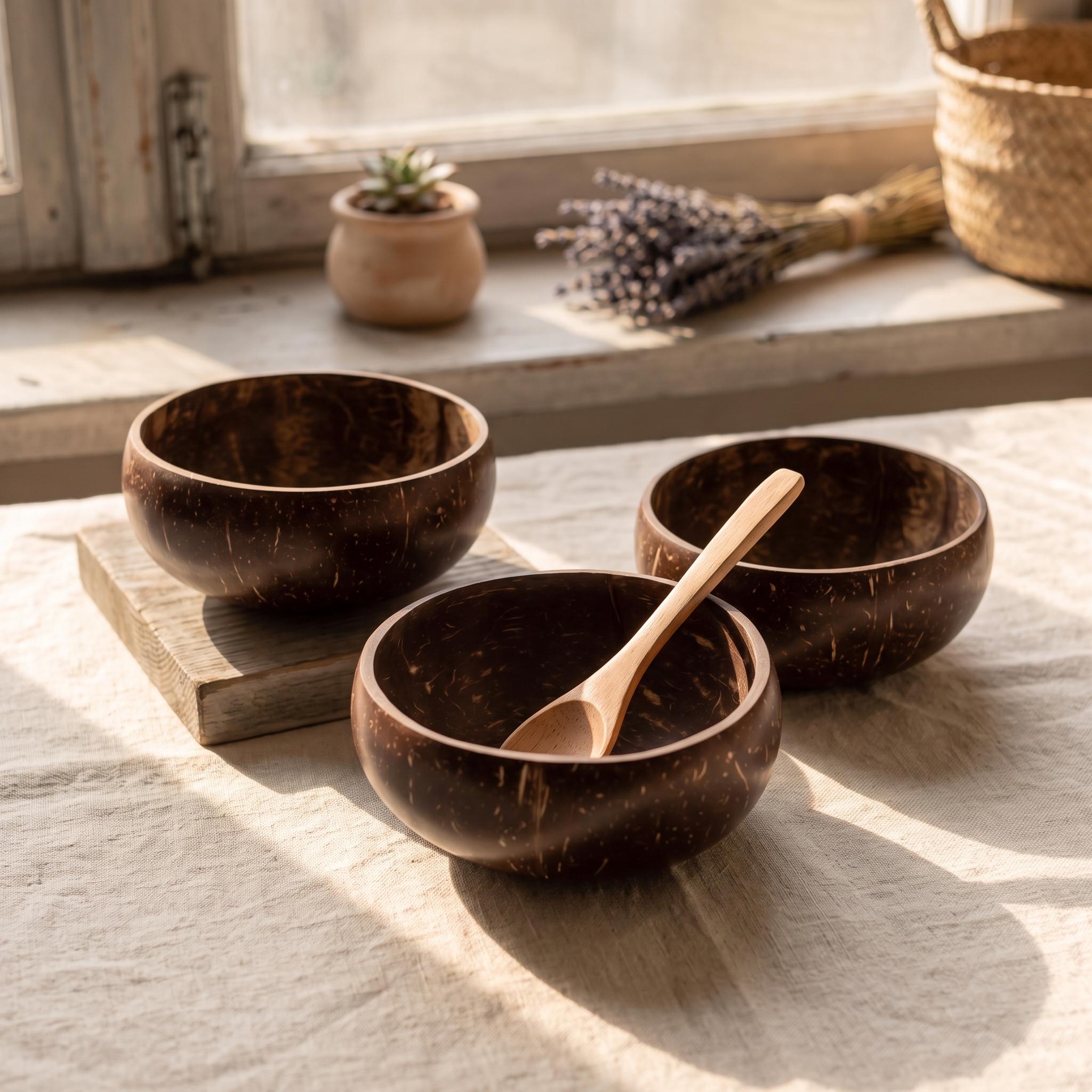 Coconut Shell Bowls with Wooden Spoons for Poke Ramen Rice