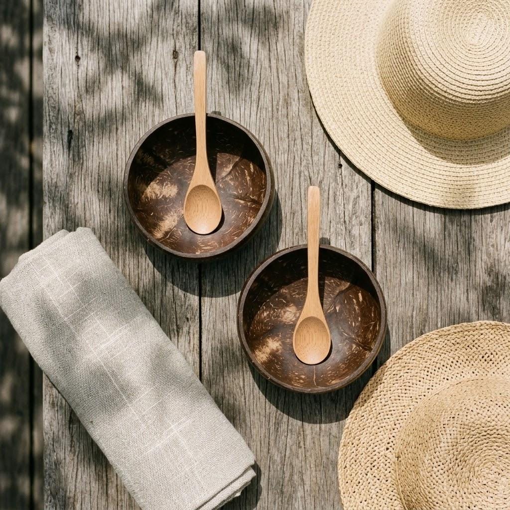 Coconut Shell Bowls with Wooden Spoons for Poke Ramen Rice