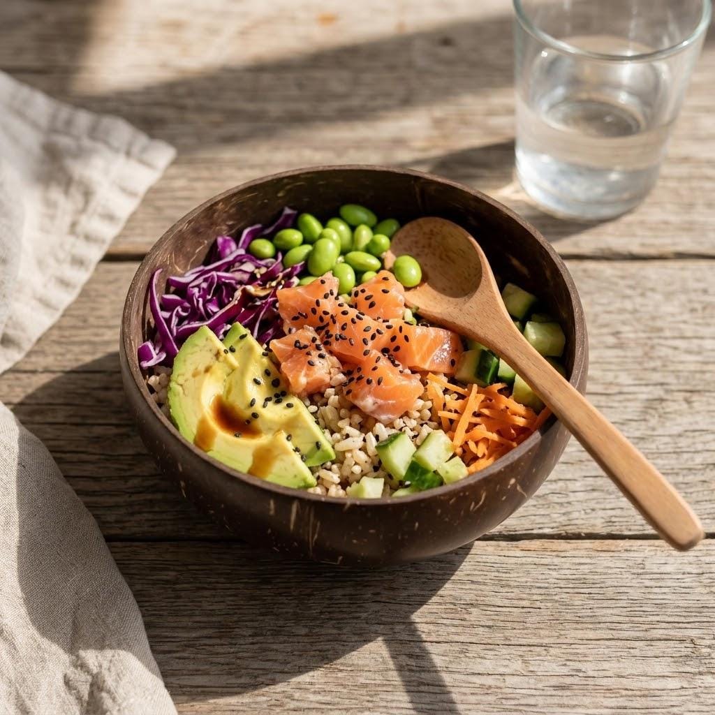 Coconut Shell Bowls with Wooden Spoons for Poke Ramen Rice