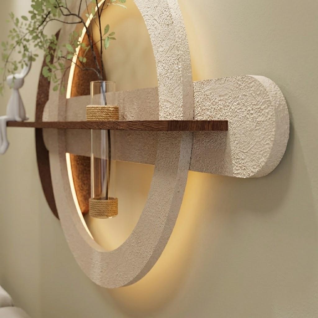 LED Backlit Round Wall Art, Wabi Sabi Textured Wood Disc