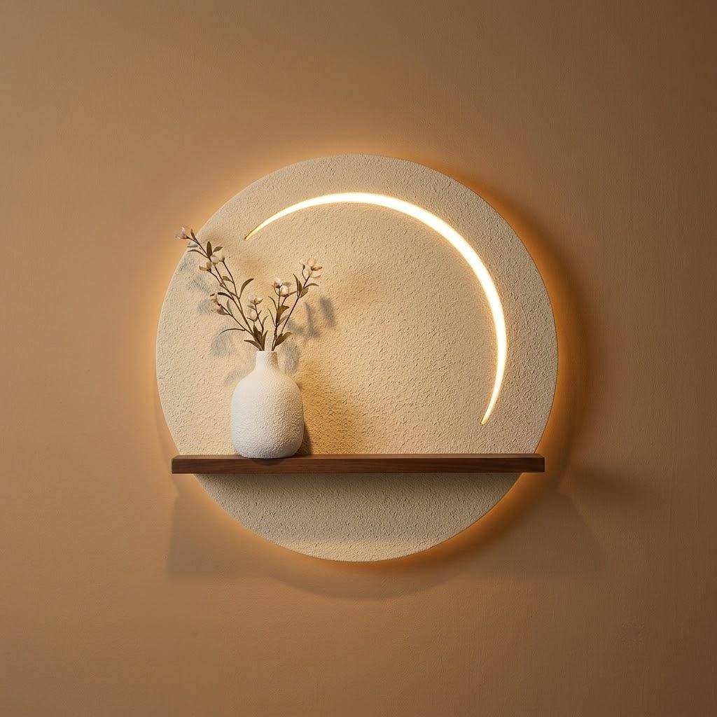 LED Backlit Round Wall Art, Small Wabi Sabi Wood Panel with