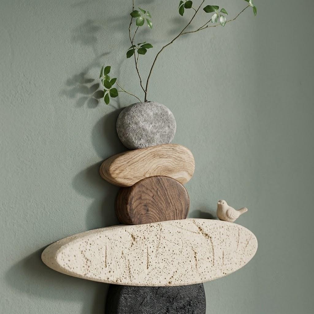 Wabi Sabi Stone Wall Art, Japandi Pebble Totem Decor
