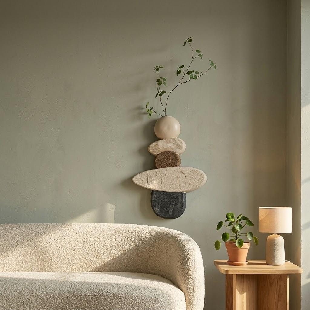 Wabi Sabi Stone Wall Art, Japandi Pebble Totem Decor