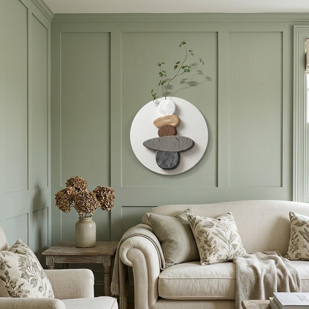 Wabi Sabi Stone Wall Art, Japandi Pebble Totem Decor