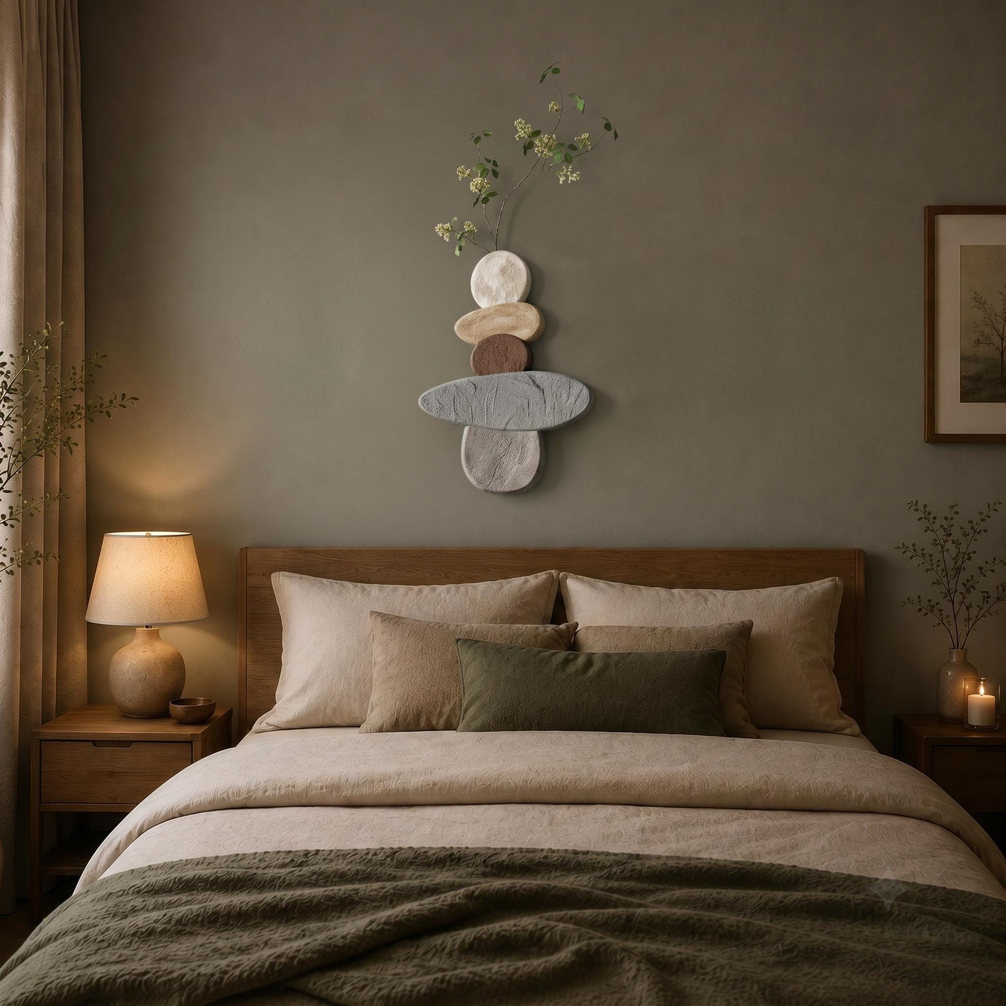 Wabi Sabi Stone Wall Art, Japandi Pebble Totem Decor