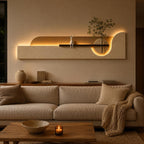 Long Wall Art Above Sofa, Backlit Plaster Panel with Shelf