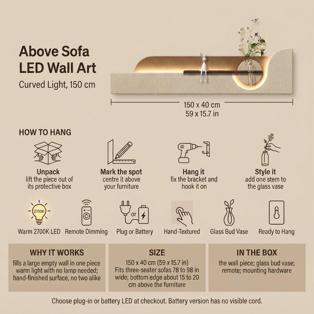 Long Wall Art Above Sofa, Backlit Plaster Panel with Shelf