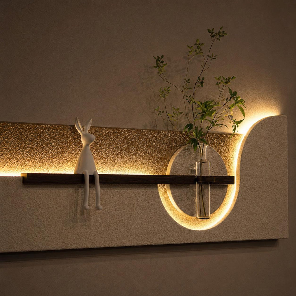 Long Wall Art Above Sofa, Backlit Plaster Panel with Shelf