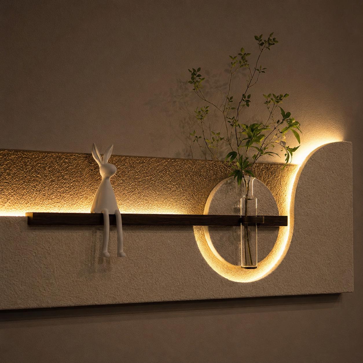 Long Wall Art Above Sofa, Backlit Plaster Panel with Shelf