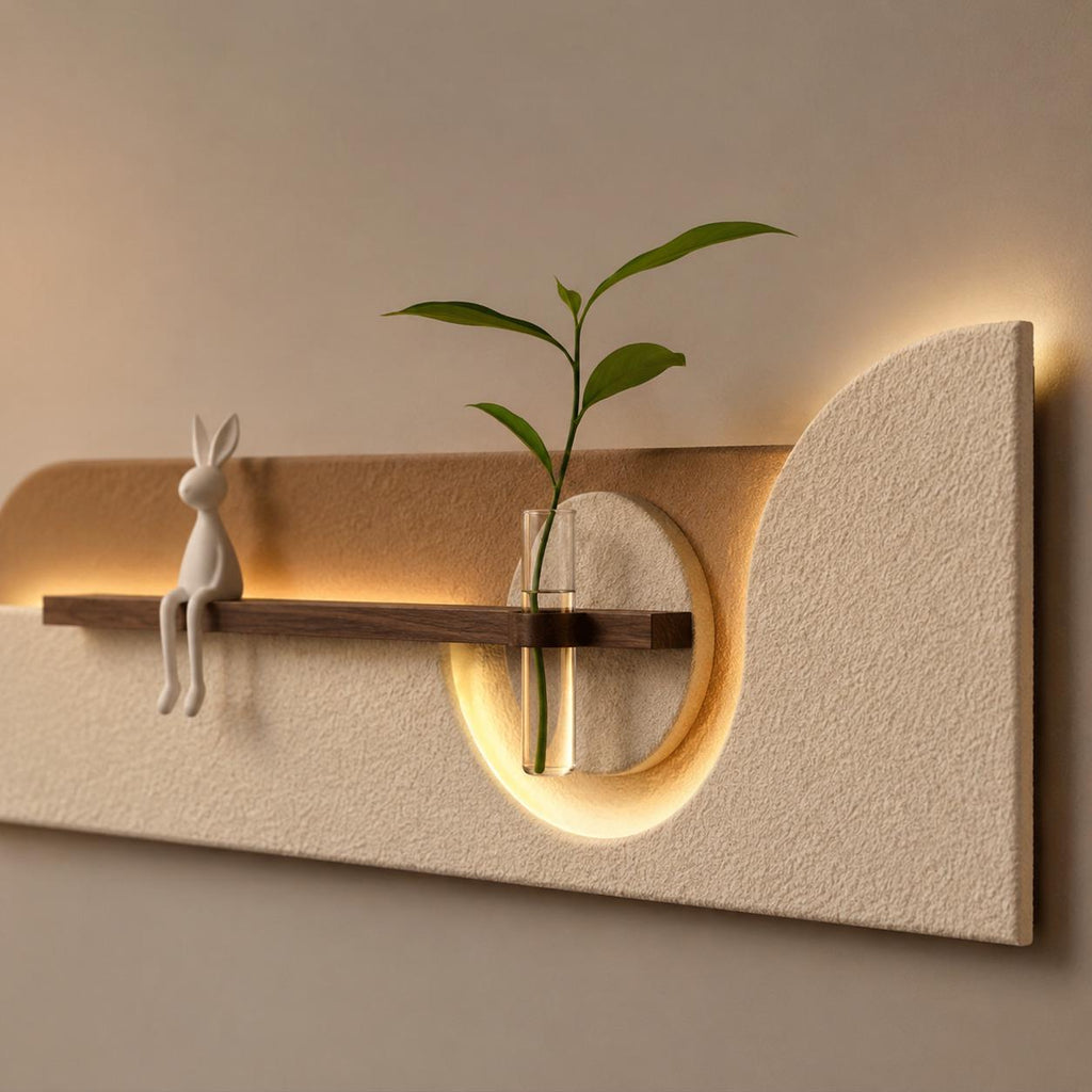 Long Wall Art Above Sofa, Backlit Plaster Panel with Shelf