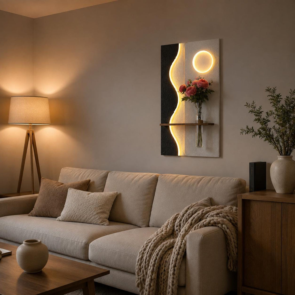 Tall Backlit Wall Art, Black Textured Panel with Shelf and