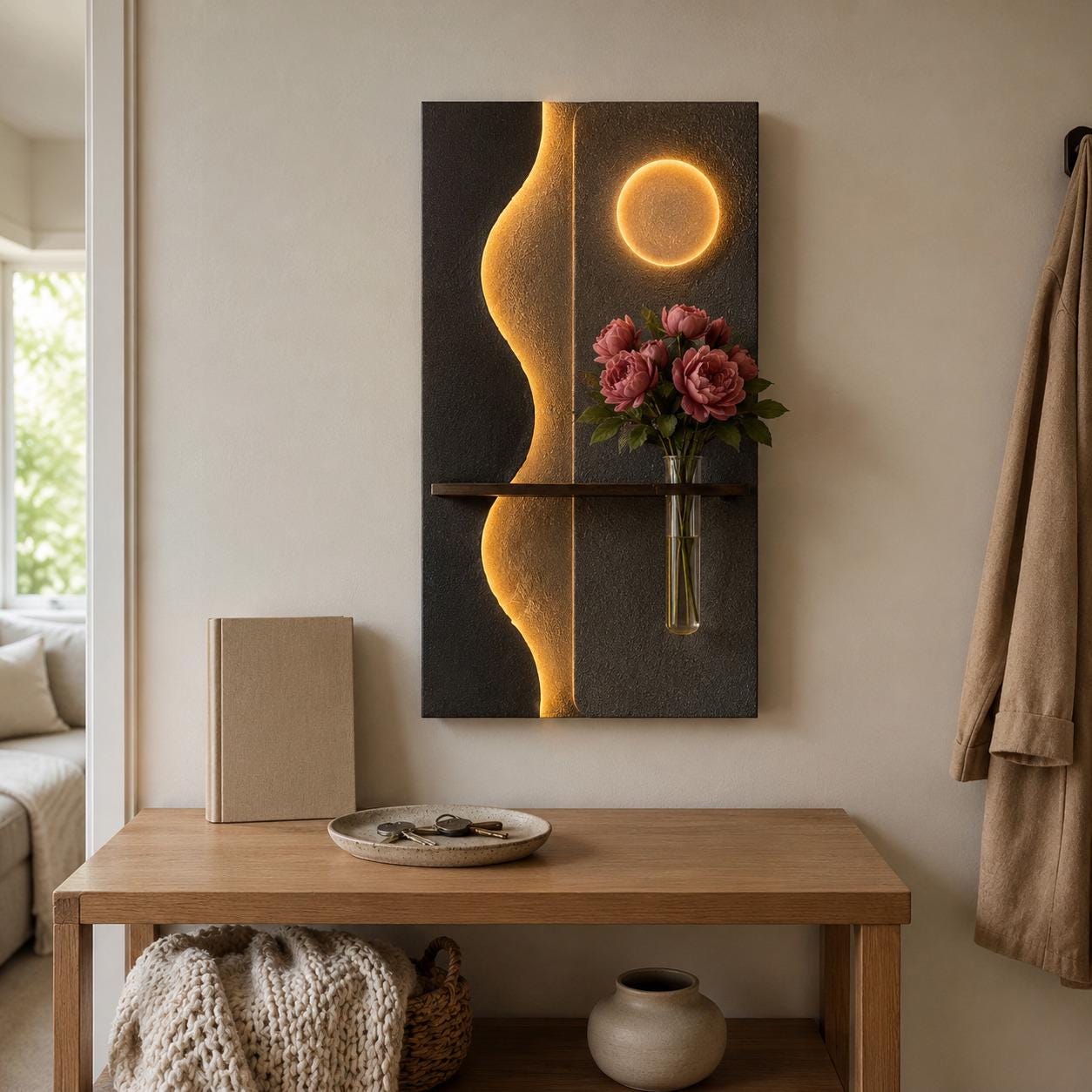 Tall Backlit Wall Art, Black Textured Panel with Shelf and