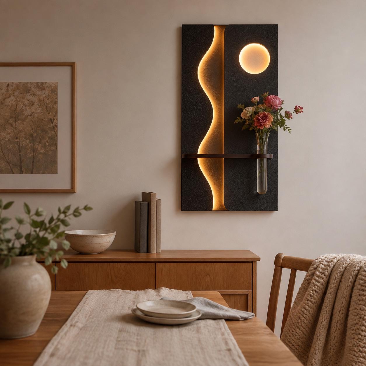 Tall Backlit Wall Art, Black Textured Panel with Shelf and