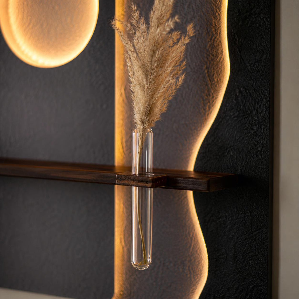 Tall Backlit Wall Art, Black Textured Panel with Shelf and