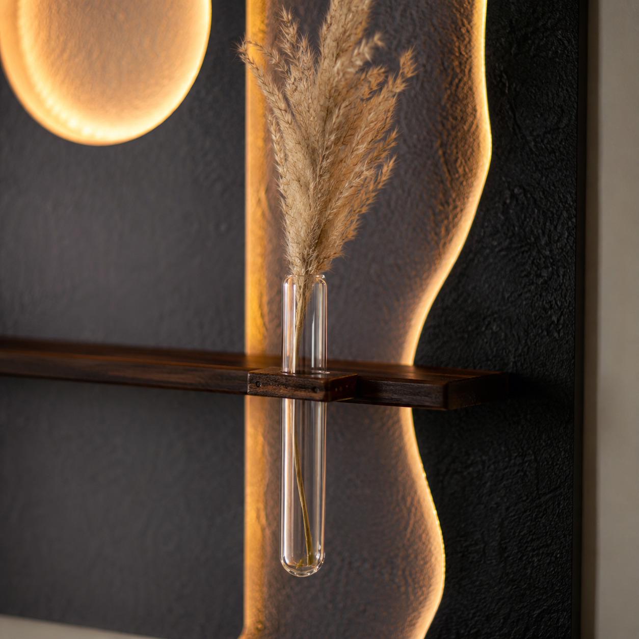 Tall Backlit Wall Art, Black Textured Panel with Shelf and