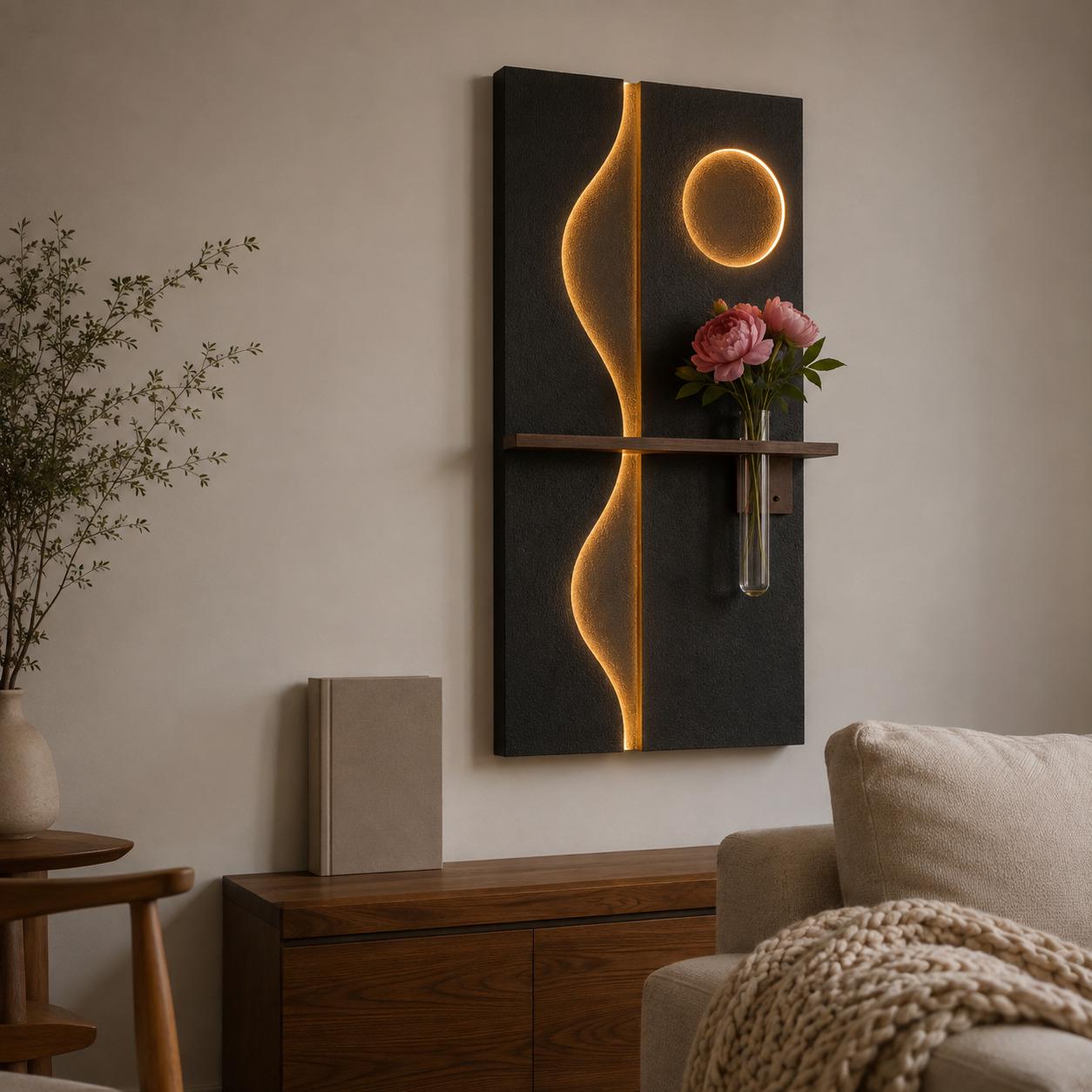 Tall Backlit Wall Art, Black Textured Panel with Shelf and