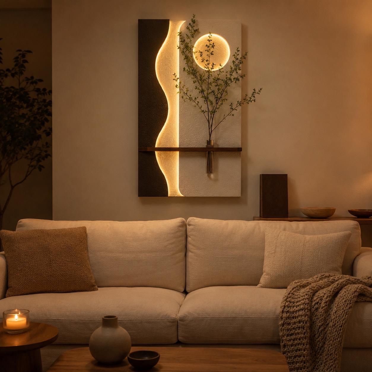 Vertical Wall Art with Shelf, Backlit Plaster Panel and