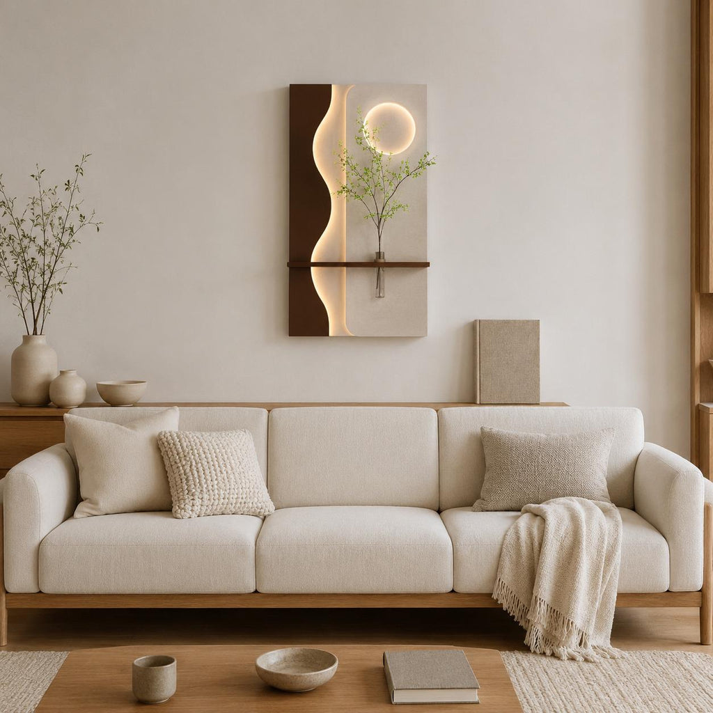 Vertical Wall Art with Shelf, Backlit Plaster Panel and
