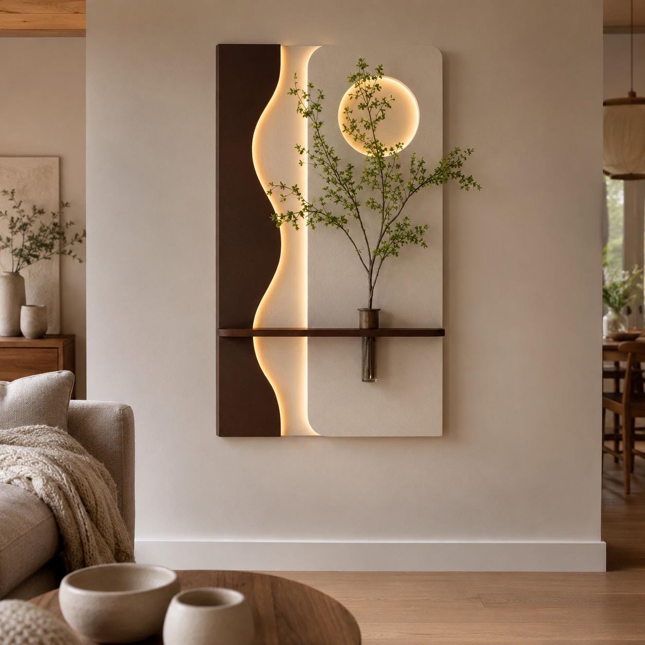 Vertical Wall Art with Shelf, Backlit Plaster Panel and