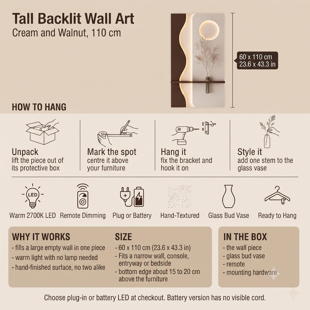 Vertical Wall Art with Shelf, Backlit Plaster Panel and