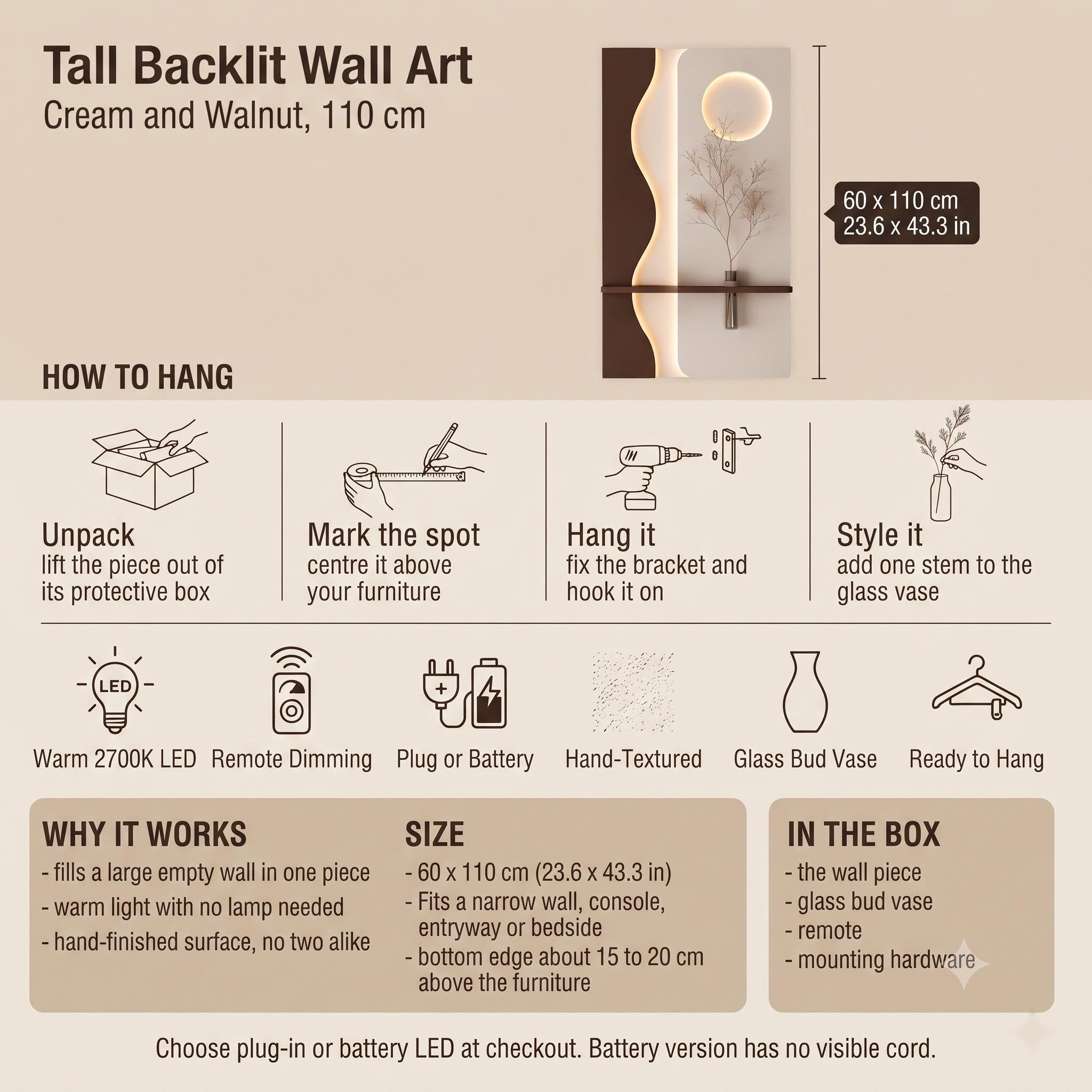 Vertical Wall Art with Shelf, Backlit Plaster Panel and