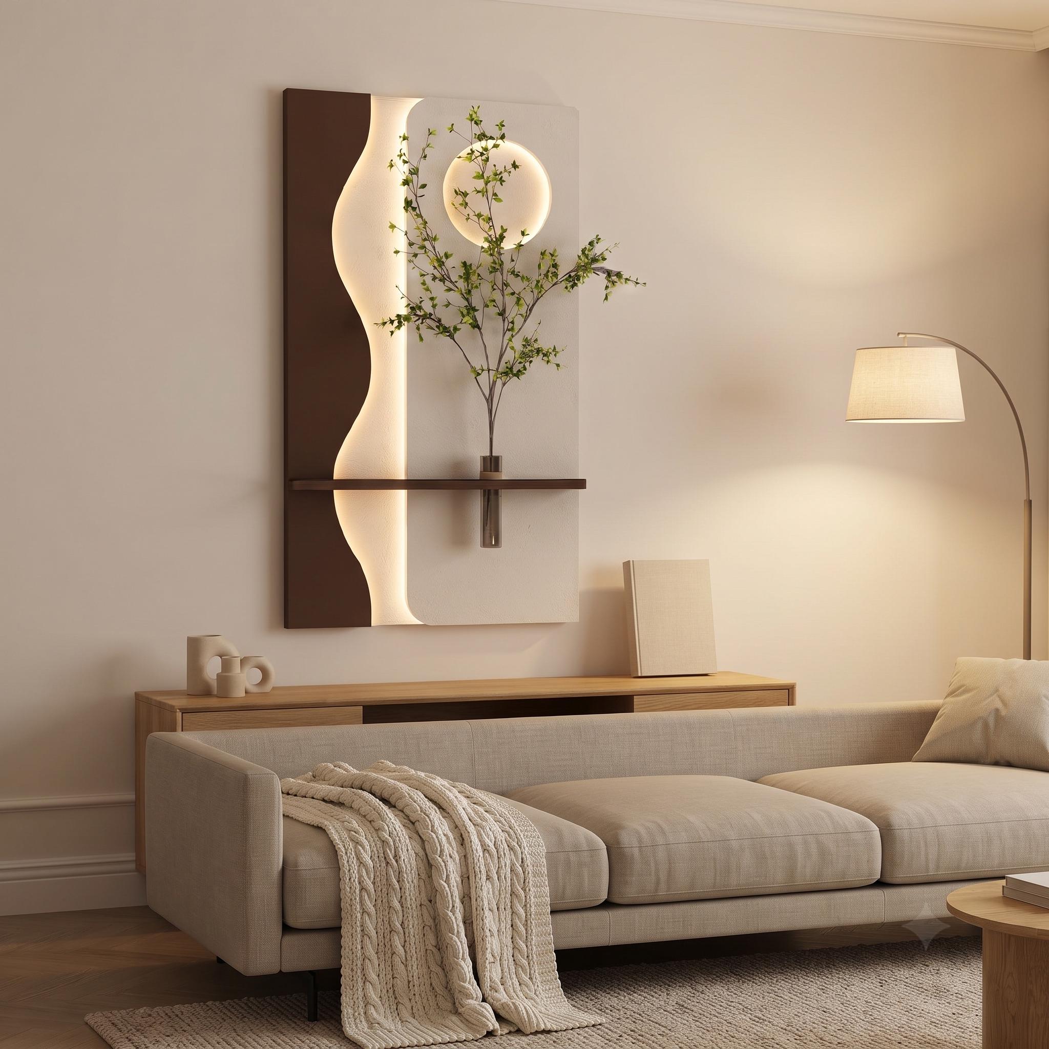 Vertical Wall Art with Shelf, Backlit Plaster Panel and