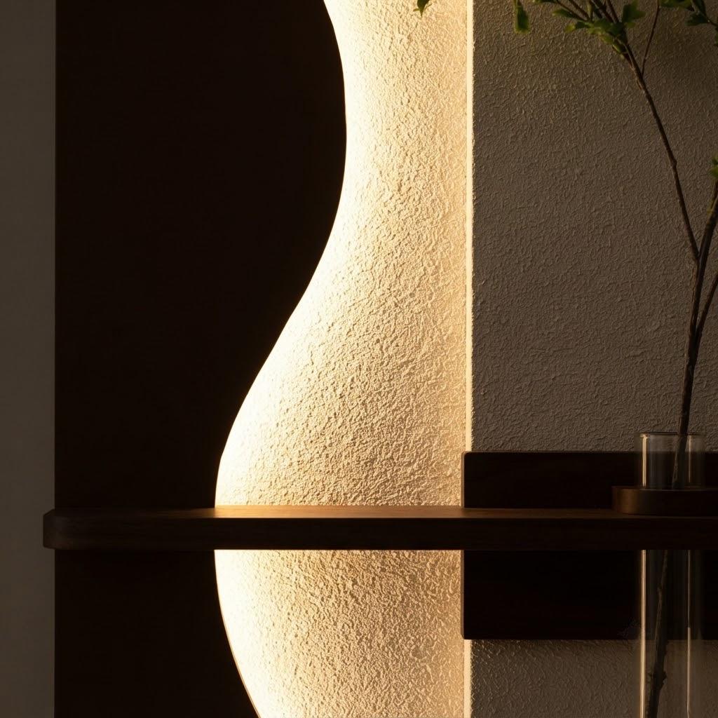 Vertical Wall Art with Shelf, Backlit Plaster Panel and