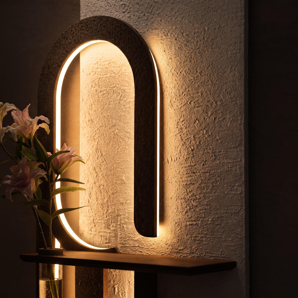Backlit Wall Sconce Art, Tall Panel with Glowing Arch