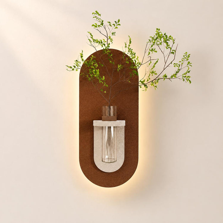 Design C terracotta capsule panel with a cream holder and glass tube, lit