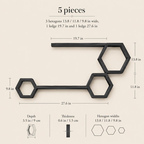 Layout diagram of the black 5-piece set showing 27.6 in and 19.7 in ledges