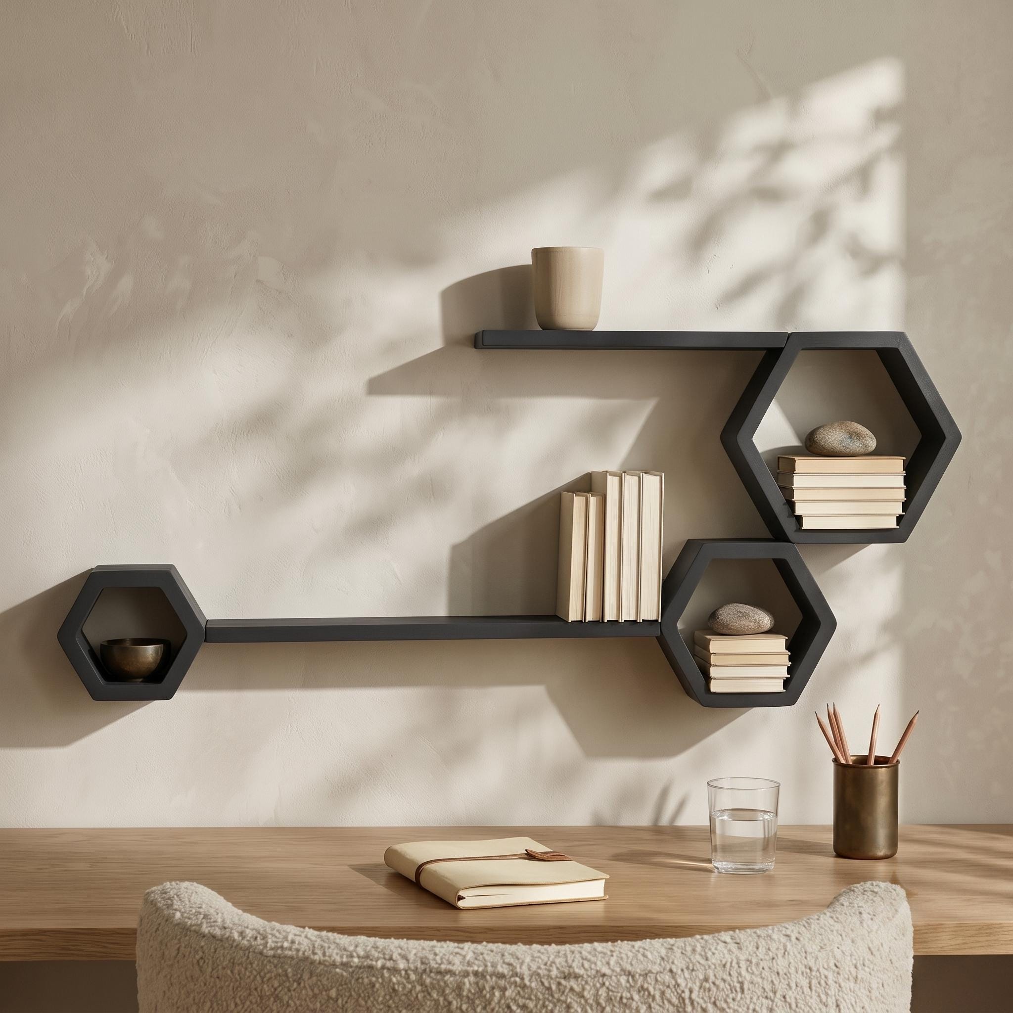 Honeycomb Wall Shelf, Matte Black Pine Wood Plant Shelves