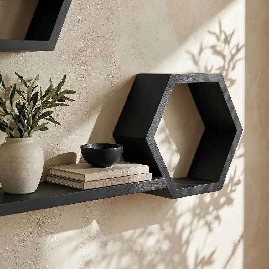 Honeycomb Wall Shelf, Matte Black Pine Wood Plant Shelves