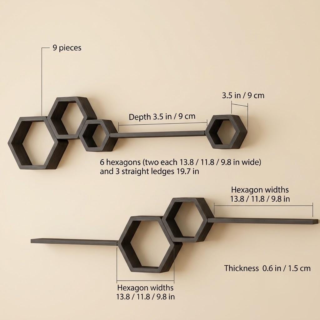 Hexagon Wall Shelf Set, Matte Black Pine Wood Plant Shelves