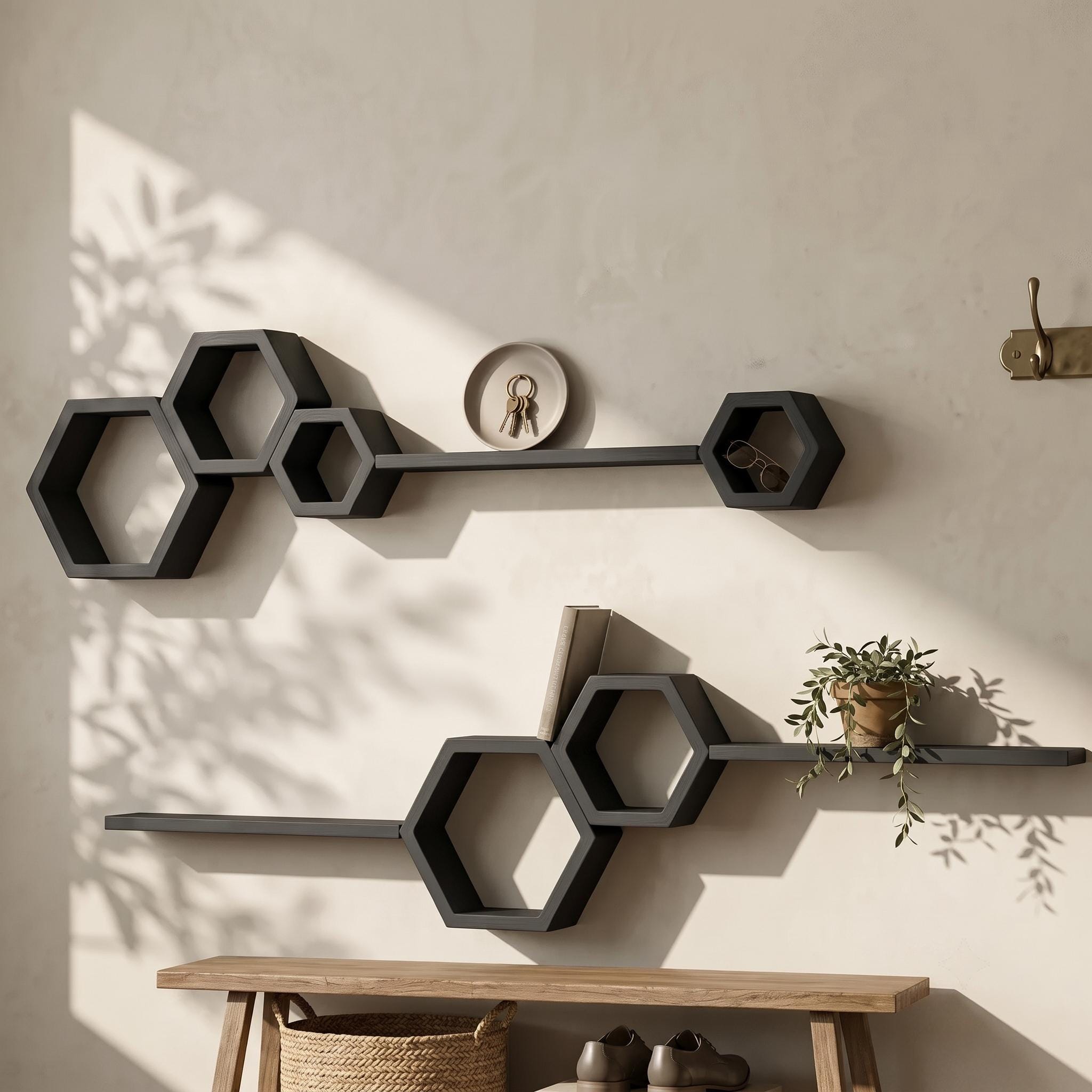 Hexagon Wall Shelf Set, Matte Black Pine Wood Plant Shelves