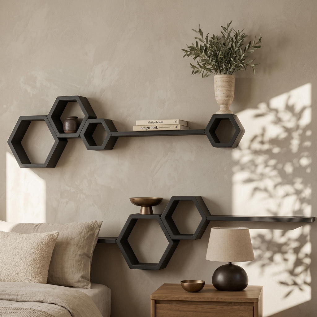 Hexagon Wall Shelf Set, Matte Black Pine Wood Plant Shelves