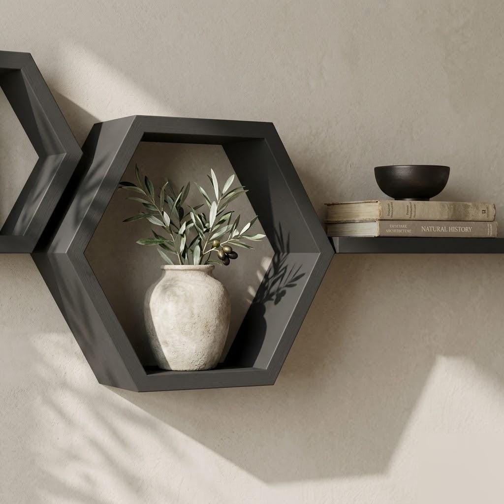 Hexagon Wall Shelf Set, Matte Black Pine Wood Plant Shelves