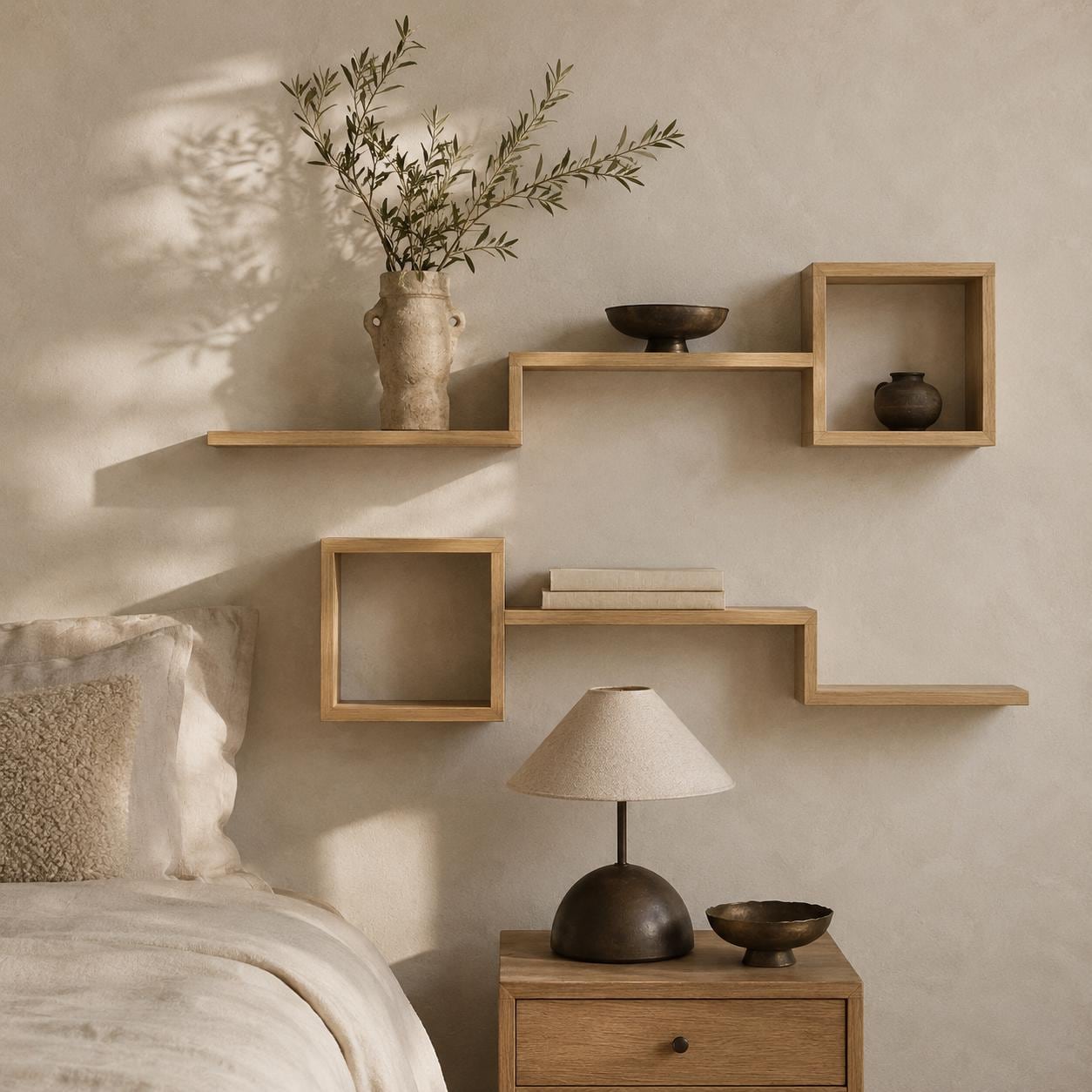 Wall Shelf Set of 6, Natural Pine Wood Cube Plant Shelves