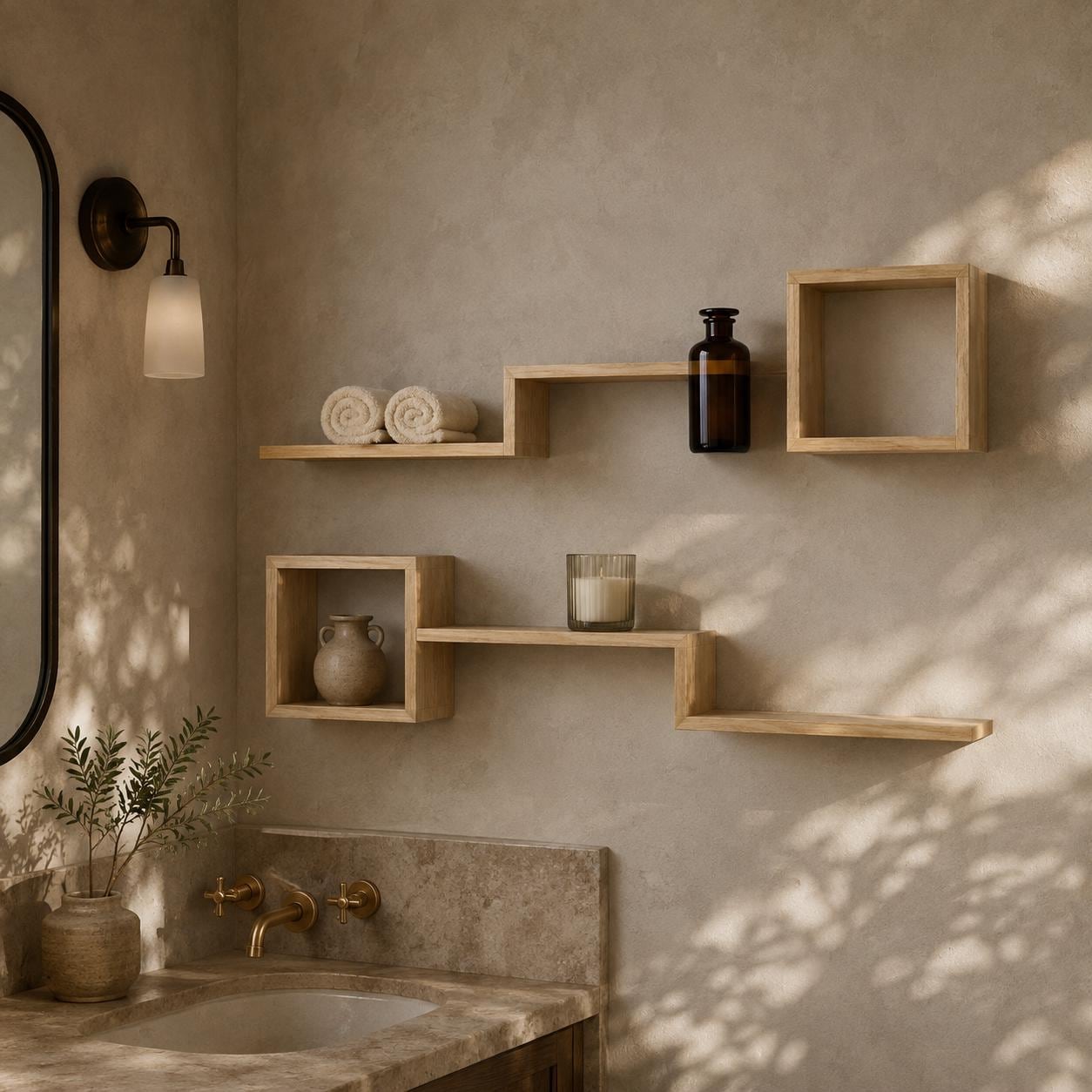 Wall Shelf Set of 6, Natural Pine Wood Cube Plant Shelves